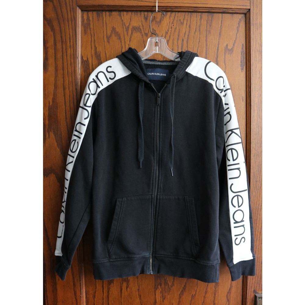 CALVIN KLEIN Hoodie Sweater Men Large Logo Tape Full Zip Black White Fleece